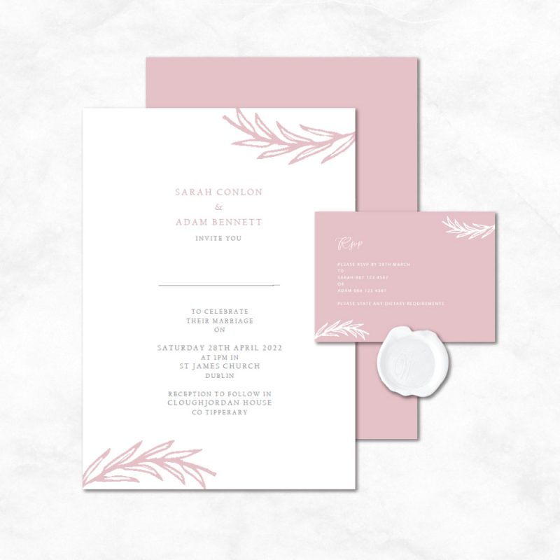 Baroque blush pink wedding A5 invite