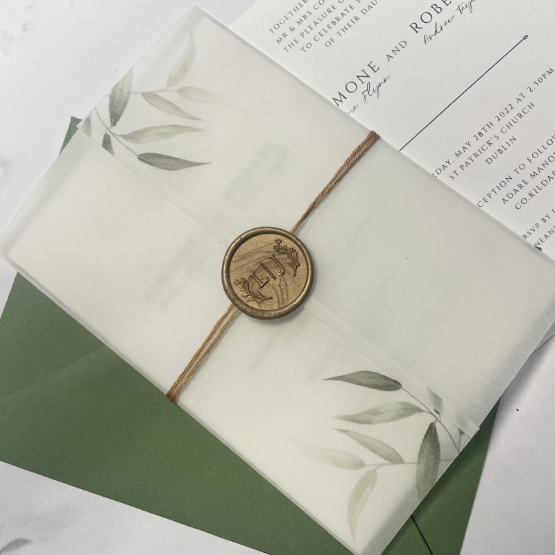 fern vellum wedding invite wax seal