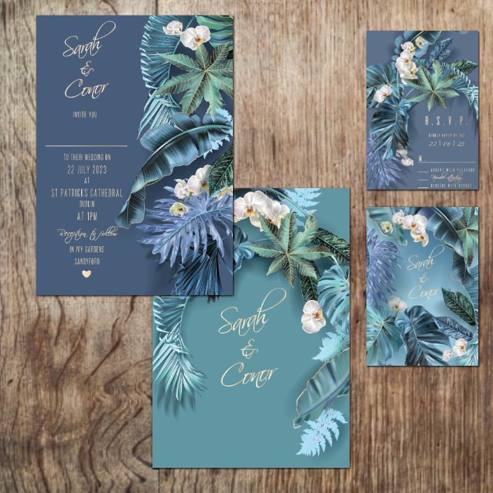 Hawaiian Dream blue leaf wedding invitations