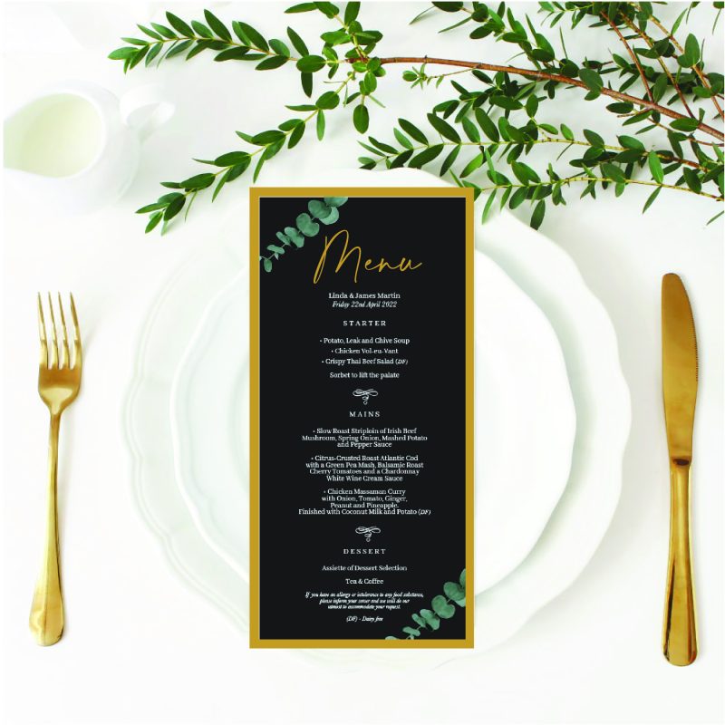Gold Wedding Menu Eucalyptus