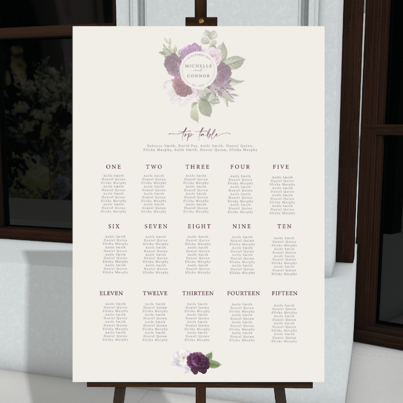 Purple flower bouquet table plan