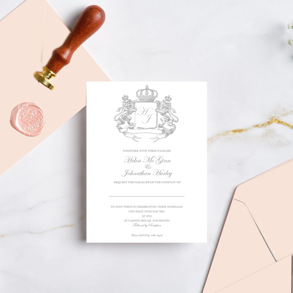 Regal wedding invitation with blush pink envelope silver