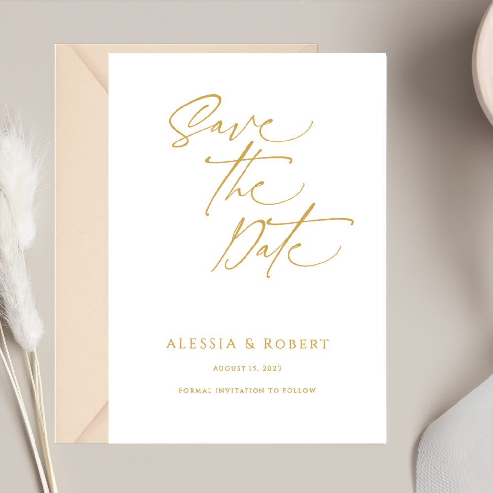 Save the date gold with nude envelope