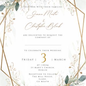 green and gold leaf frame wedding invitation