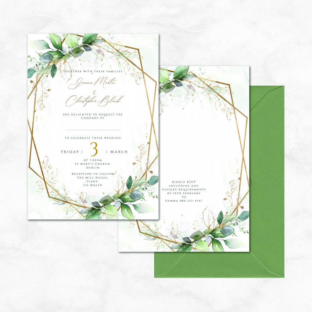 Green and gold leaf frame wedding invitation