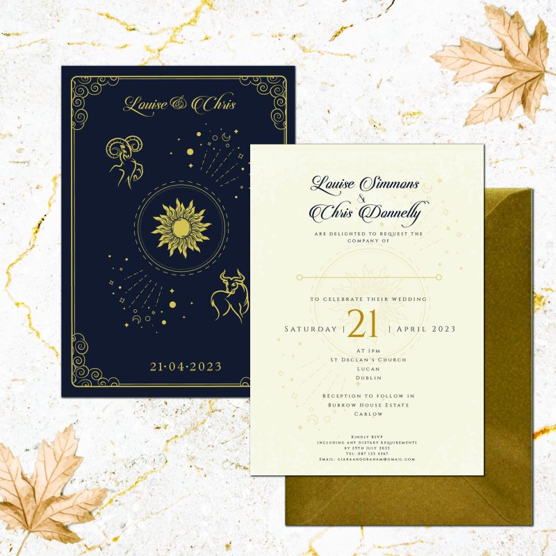 Astrology star sign wedding invitation postcard flat gold envelope