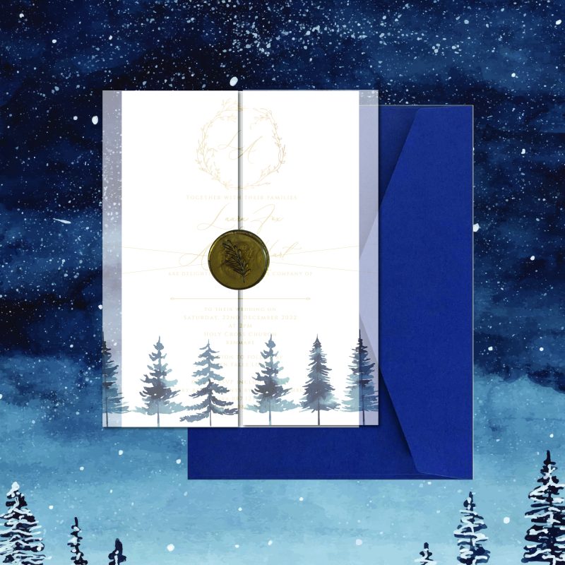 The Ashley winter wedding invitation vellum sleeve wax seal