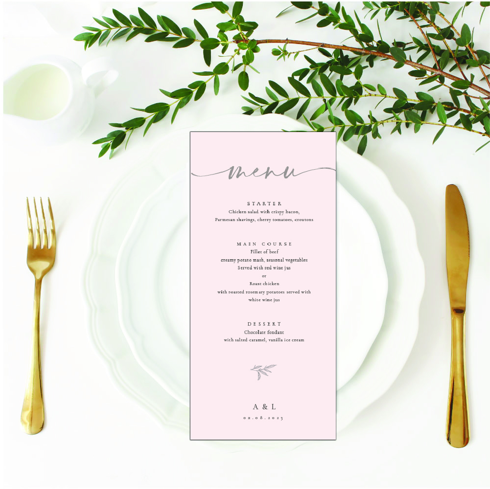 Blush pink wedding menu
