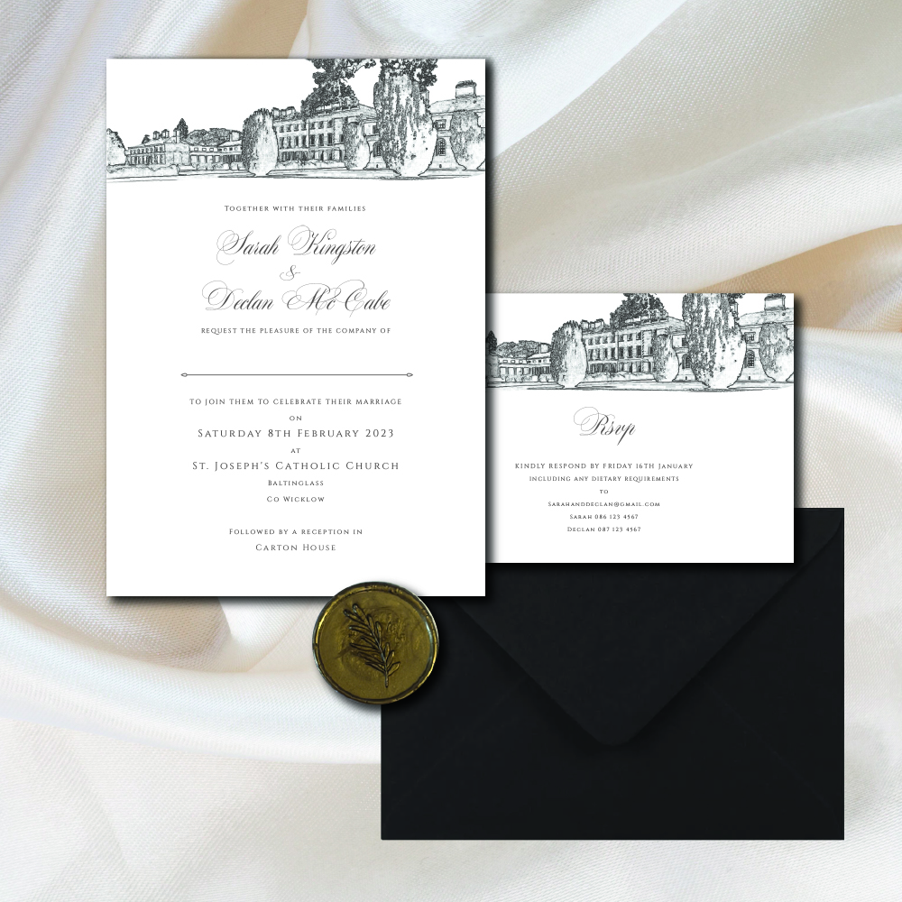 Carton House illustrated wedding invitation & rsvp