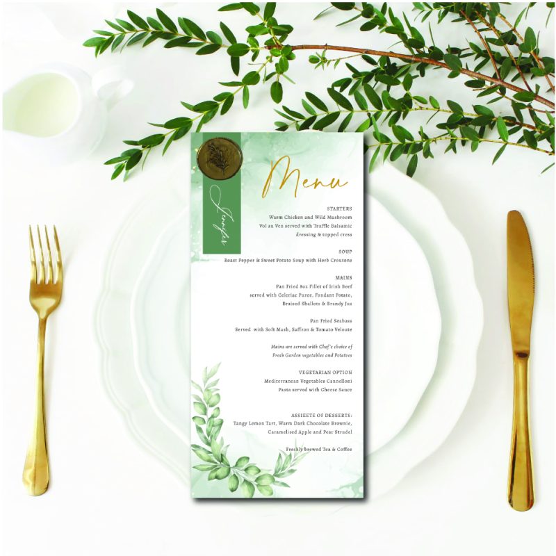 Gold fern named wedding menu