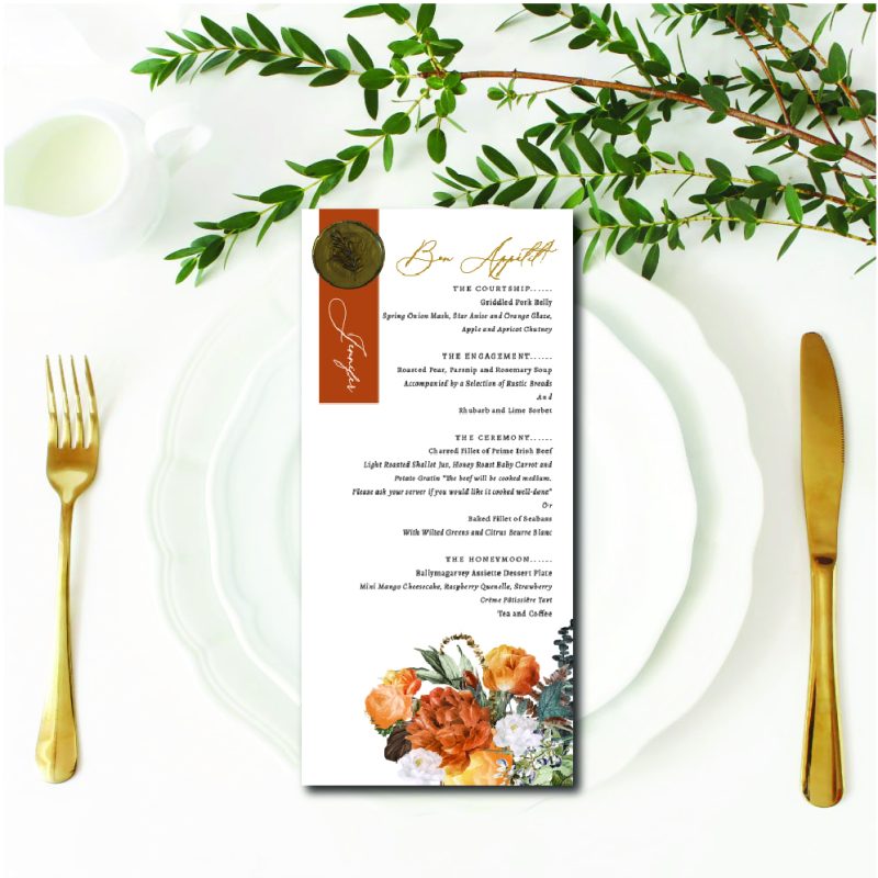 Rustic bouquet named wedding menu wax seal