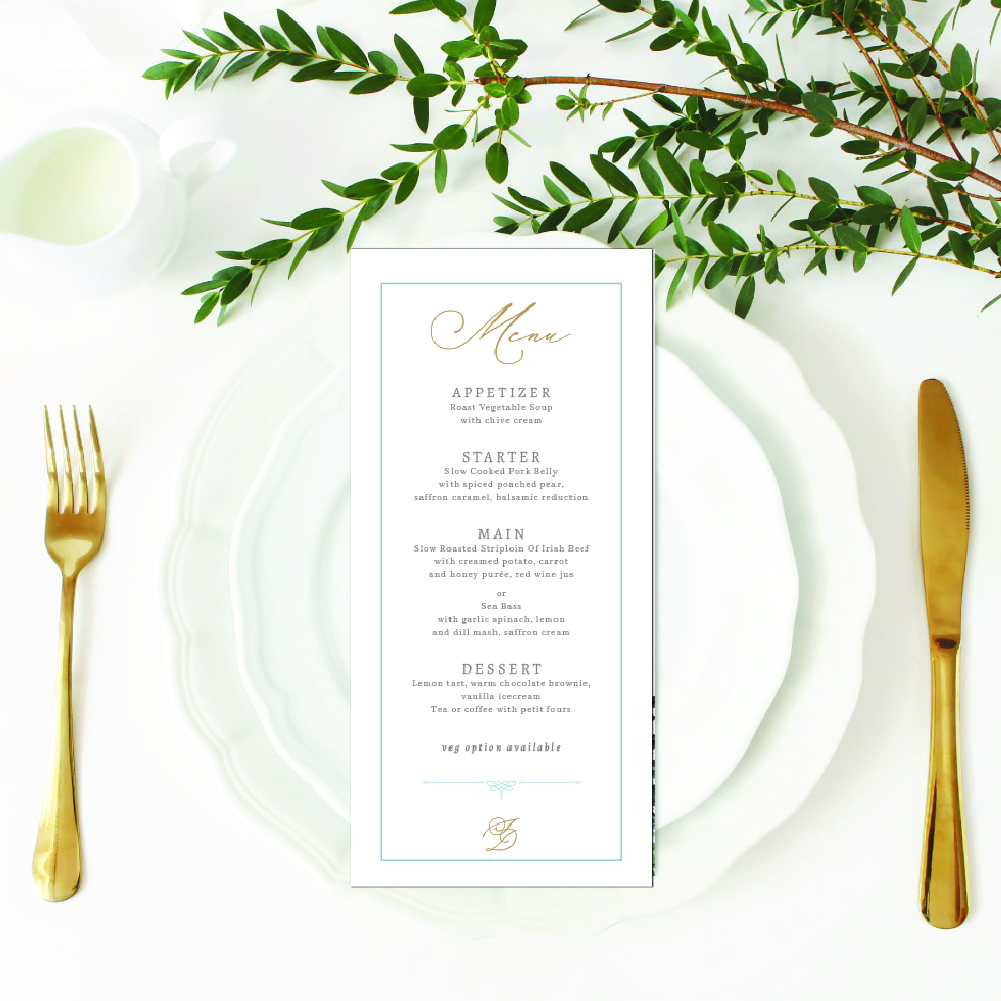 Venetian Blue&Gold wedding menu