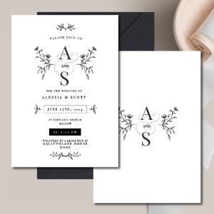 monochrome floral wedding invitations with envelope