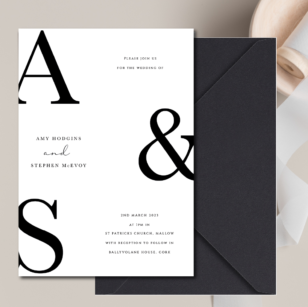 monochrome initials wedding invitations with envelope