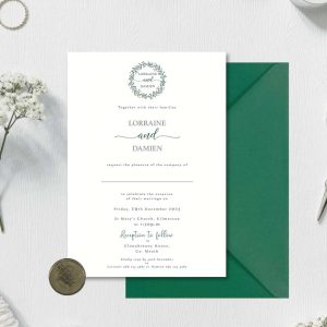 green wreath wedding invitation