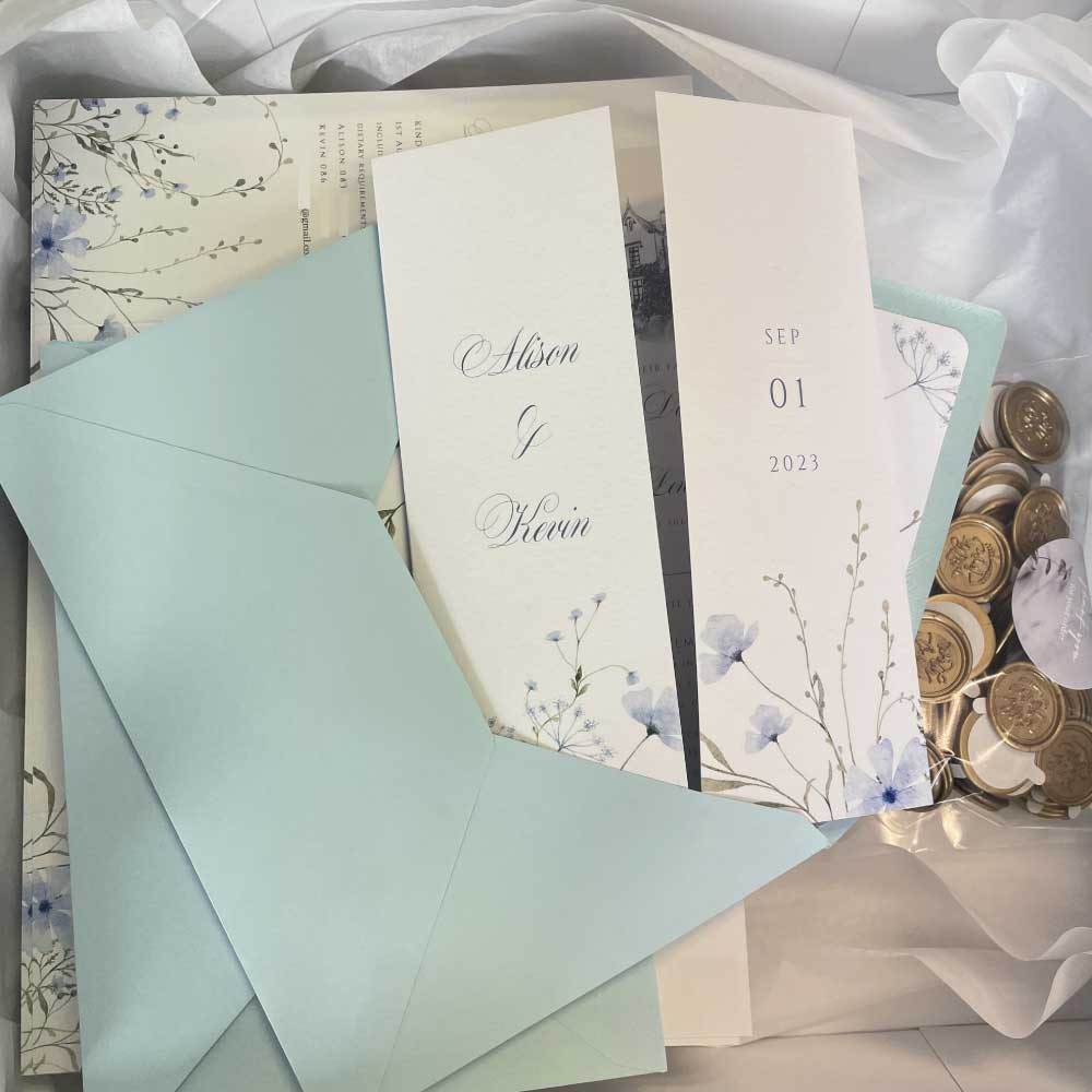 Blue floral gatefold invitation