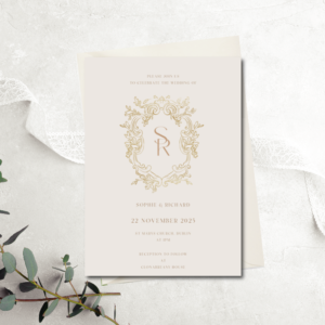 Charlotte Suite regal wedding invitation initials gold beige ivory