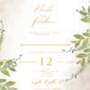 Green leafy wedding invitation with limestone background