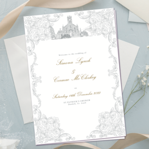 Fleur de Lis bridgerton style wedding mass ceremony booklet with venue sketch