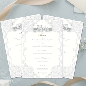 Fleur de Lis bridgerton style wedding menu with venue sketch