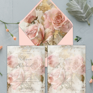 Gold rose wedding invitation pink gold matching envelope liner