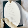 Oval invitation with vellum & crushed silk ribbon