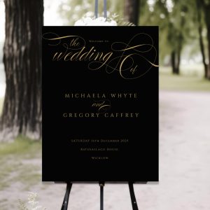 black and gold wedding welcome sign