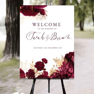 Burgundy-&-Gold-flowers-wedding-welcome-sign