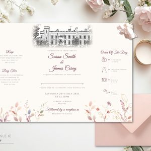 Pink-Flowers-gatefold-wedding-invitation-venue-sketch