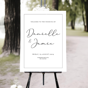 Black and white wedding welcome sign