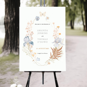 Blue and gold leaf wedding welcome sign