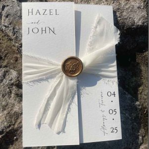 the Everly ivory wedding invitation, black and white wedding invite, wax seal, ribbon