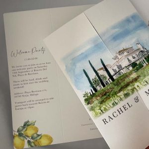 watercolour venue lemon gatefold wedding invite