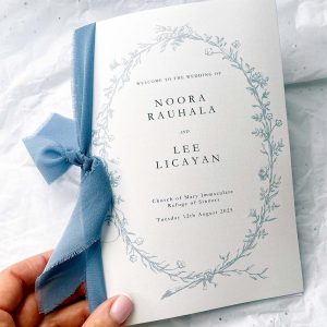light blue vintage wreath massbook with blue ribbon