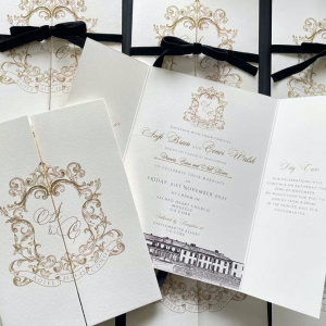 gold crest black tie gatefold wedding invitation