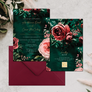 Emerald Rose wedding invitation, forest green with dusty pink roses and burgundy envelopes