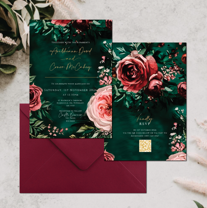 Emerald Rose wedding invitation Emerald Rose wedding invitation, forest green with dusty pink roses and burgundy envelopes