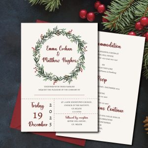 Winterberry wreath winter wedding invite reverse