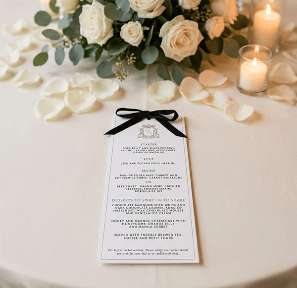wedding menu black velvet ribbon bow