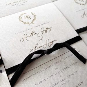 gold wreath wedding invite