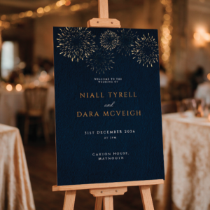 Midnight fireworks wedding welcome sign
